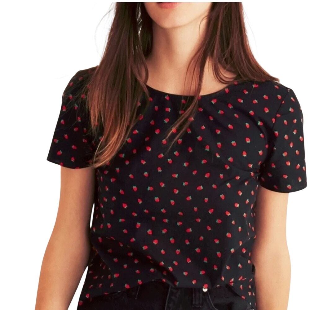 Madewell Black Strawberry 100% Cotton Tie Back Cut Out Garden Girl Blouse Top